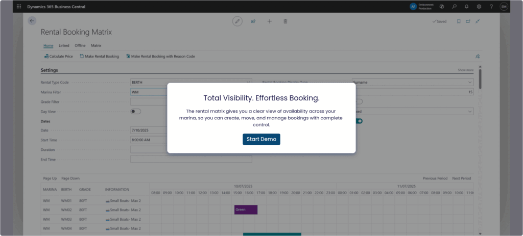 EliteMarinas Demo: Rental Booking Matrix