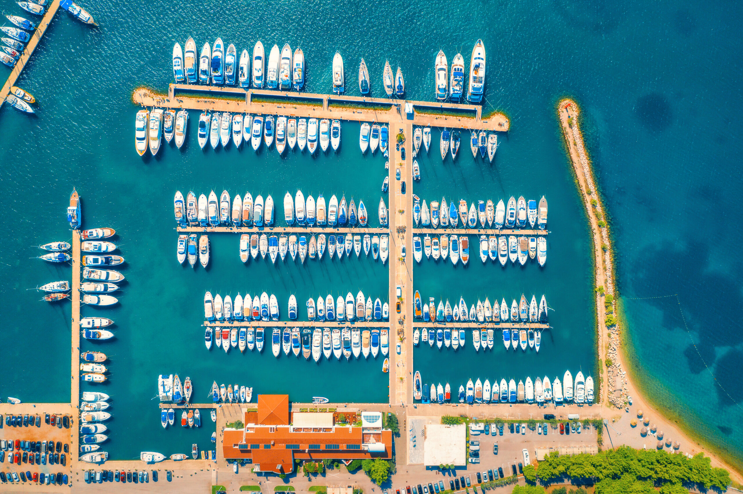 Aerial view of a multi-berth marina